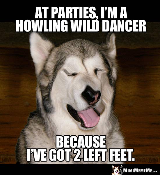 Drunk Looking Dog Says: At parties, I'm a howling wild dancer because I've got 2 left feet.