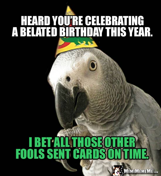 Parrot in Party Hat Says: Heard you're celebrating a belated birthday this year. I bet all those other fools sent cards on time.