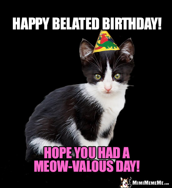 Kitten in Party Hat Says: Happy Belated Birthday! Hope you had a meow-valous day!