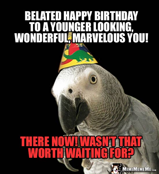 Parrot in Party Hat Says: Belated happy birthday to a younger looking, wonderful, marvelous you! There now! Wasn't that worth waiting for?