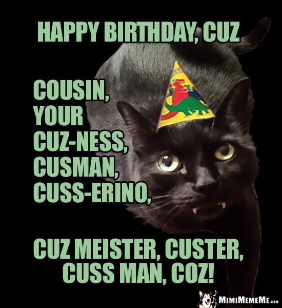 Party Cat: Happy Birthday, Cuz, Cousin, your cuz-ness, cuss-erino, cuss man...