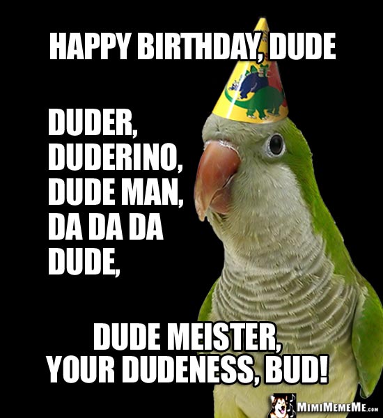 Party Parrot Says: Happy Birthday, Dude, duder, duderino, dude man, da dude, bud...