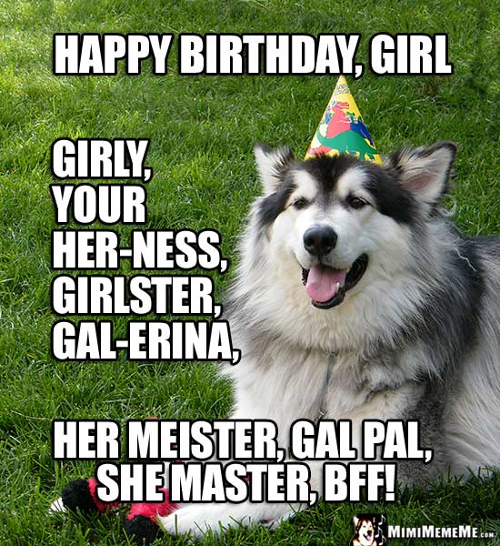 Party Dog: Happy Birthday, Girl, girly, your her-ness, girlster, gal pal...