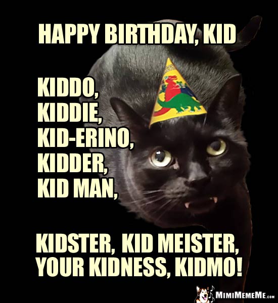 Party Cat Says: Happy Birthday Kid, Kiddo, Kiddie, Kidder, Kidster, Your Kidness, Kidmo!