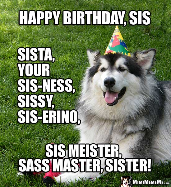 Party Dog Says: Happy Birthday, Sis, Sista, Sis Meister, Sass Master, Sister!