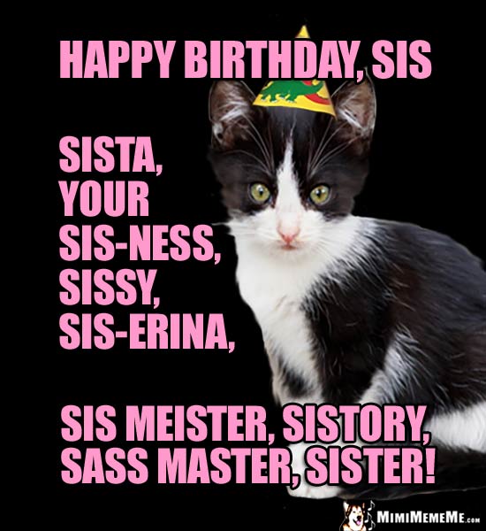 Party Kitten Says: Happy Birthday, Sis, Sista, Sis-erina, Sistory, Sass Master, Sister!