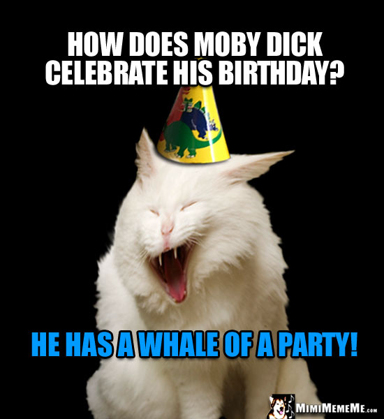 Snarky Party Cat Asks: How does Moby Dick celebrate his birthday? He has a whale of a party!