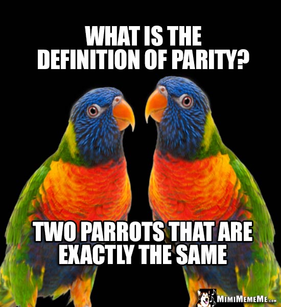 Parrot Humor: What is the definition of parity? Two parrots that are exactly the same