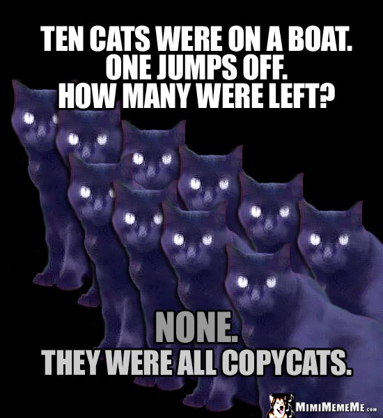 Dark Cat Humor: Ten cats were on a boat. One jumps off. How many were left? None. They were all copycats.